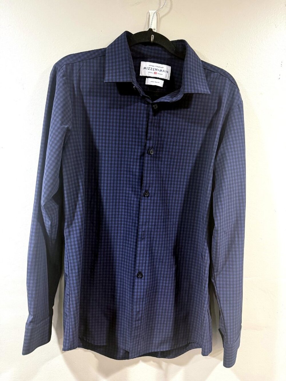 Mizzen+Main Leeward Dress Shirt Mens Large Trim Fit Navy Gingham Performance